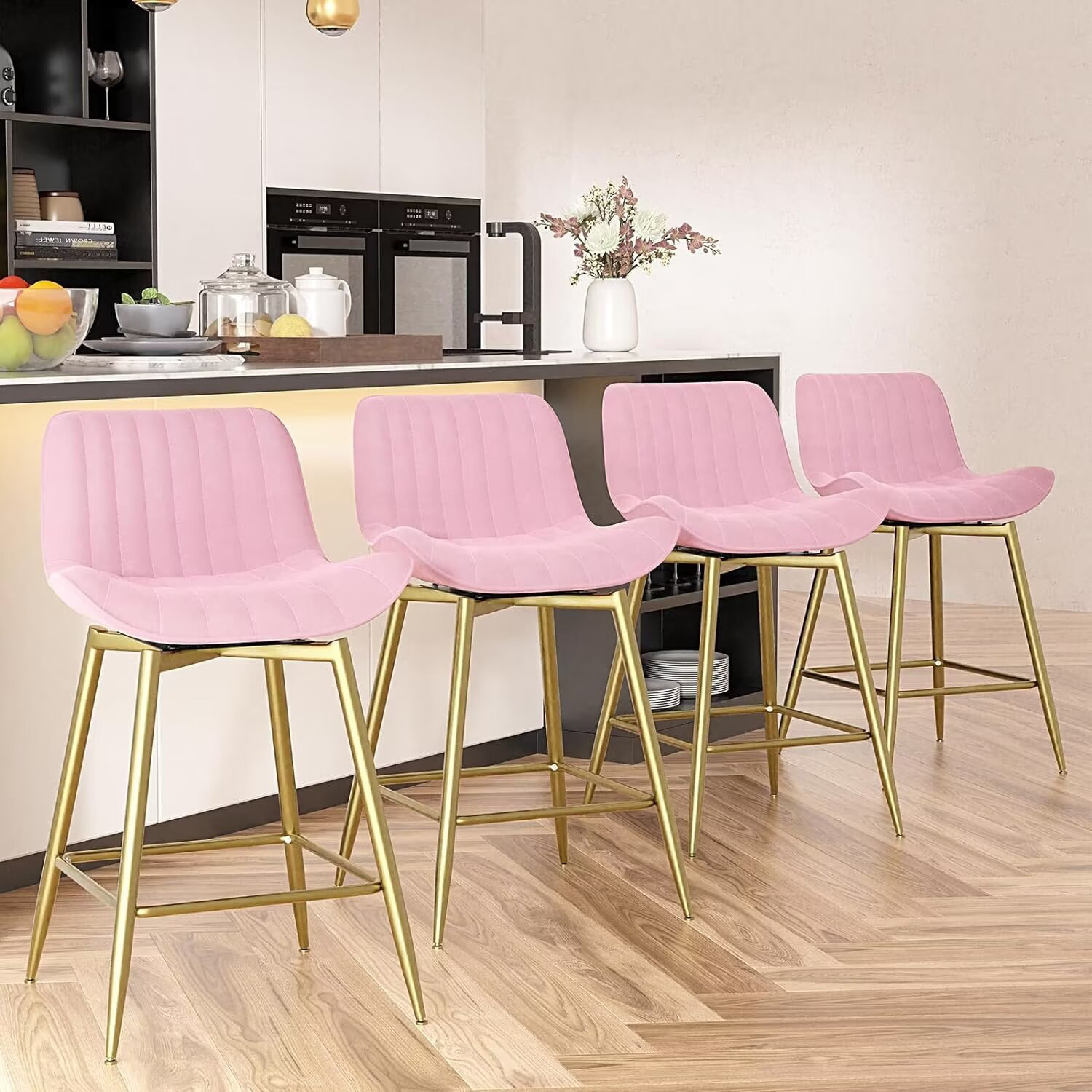 Swivel 24 Counter Stool Counter Height Bar Stools with Back 360 Swivel Bar Chairs Upholstered Bar Stool for Kitchen Island Ivy Bronx Color Pink